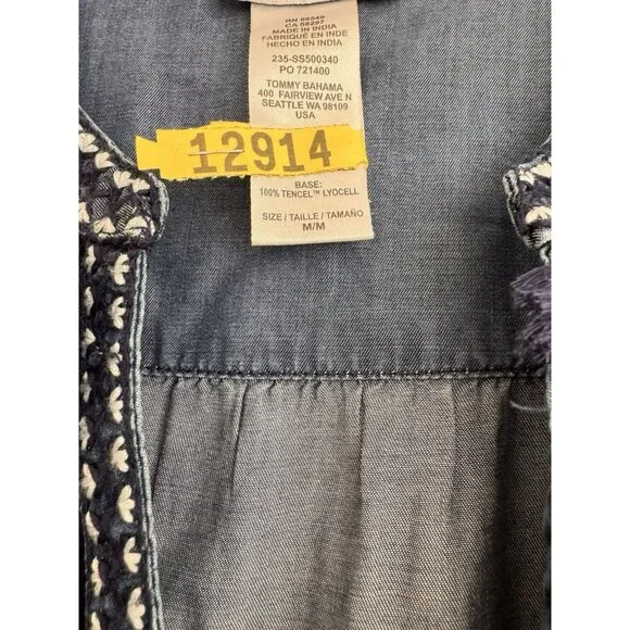 TOMMY BAHAMA M Chambray Embroidered Tiered Coverup Dress Blue Tencel Lyocell - Picture 6 of 8